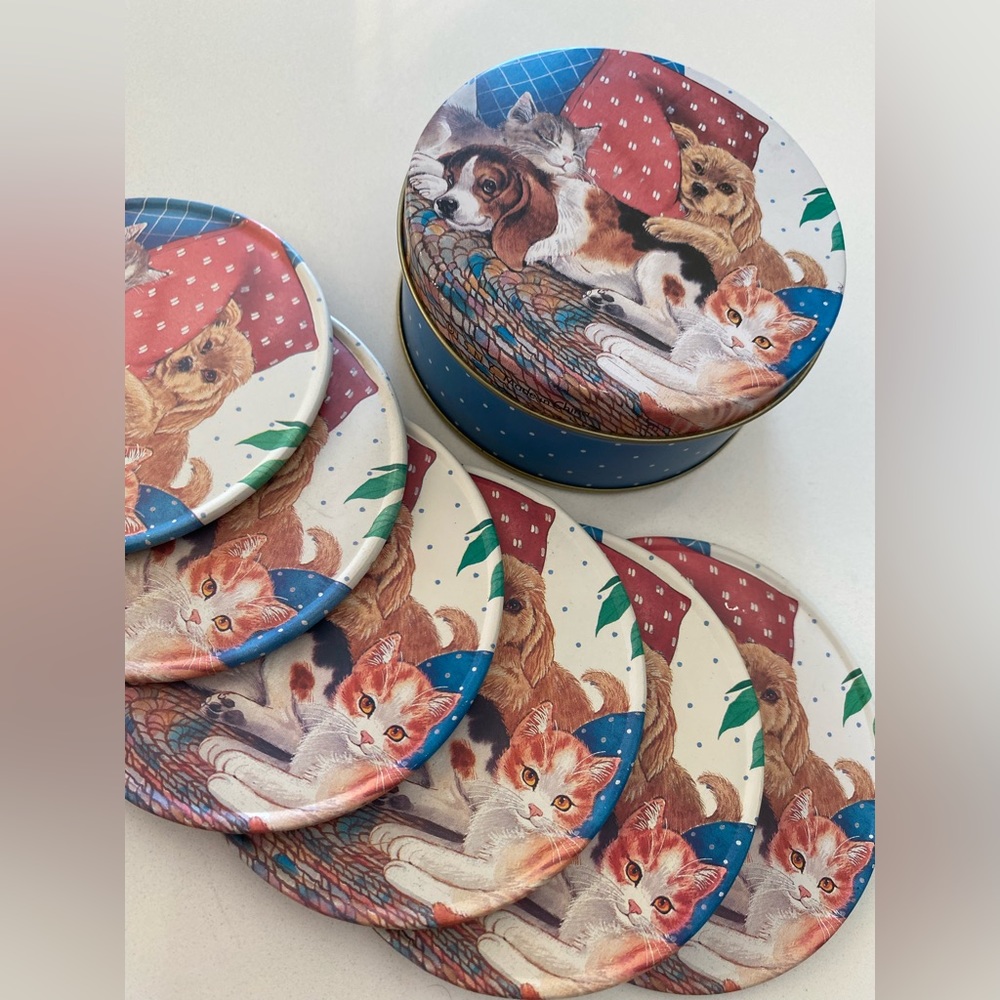 Vintage 80s J.S.N.Y. Kittens & Puppies Printed Coaster Set of 6 In Tin Container